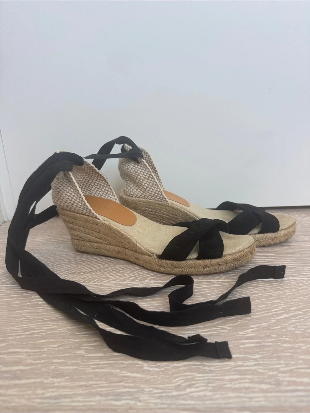 Sézane Black Espadrille Wedge Sandals with Ankle Wrap